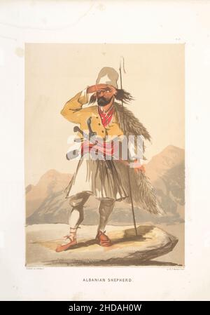Vintage color lithograph of Ottoman Empire: Albanian Shepherd 1854, by Forbes Mac Bean (Artist) and Justin Sutcliffe (Lithographer) Stock Photo