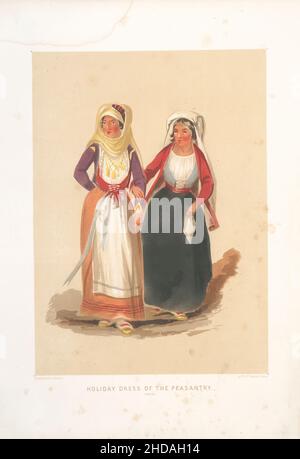 Vintage color lithograph of Ottoman Empire: Holiday Dress of the Peasantry, Corfu 1854, by Forbes Mac Bean (Artist) and Justin Sutcliffe (Lithographer Stock Photo