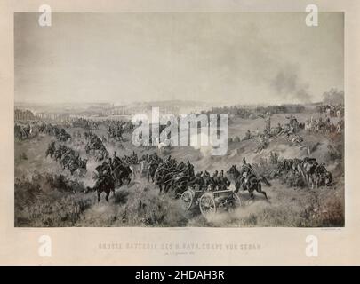 Engraving from the time of Franco-Prussian war: Great Battery Of The II Bavarian Corps at the Battle of Sedan: on September 1, 1870. 1872 Stock Photo