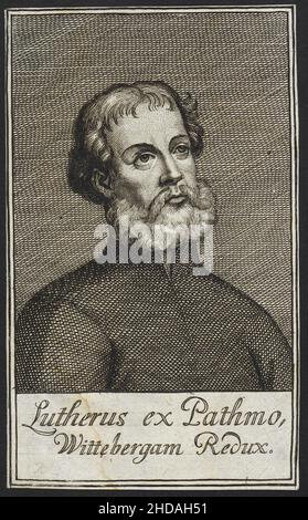 Engraving of Luther from Pathmo, Wittebergam Recovered, 1686 Martin Luther (1483 – 1546) was a German professor of theology, priest, author, composer, Stock Photo