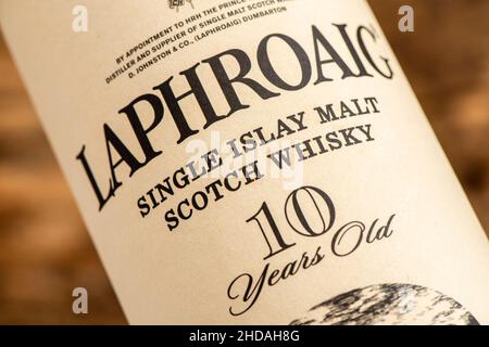 EDINBURGH, SCOTLAND - JANUARY 04, 2022: box of Laphroaig single Islay malt scotch whisky Stock Photo