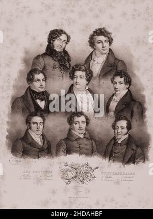 Vintage lithograph of famous composers of the 19th century: 1. Rubini. 2. Lablache. 3. Donzelli. 4. Nourrit. 5. Chollet. 6. Levasseur. 7. Ponchard. 8. Stock Photo