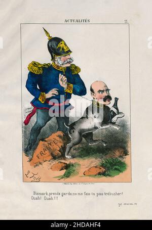 French anti-Prussian propaganda poster of Franco-Prussian War period (1870-1871). 'Bismarck, be careful, aren't you tripping me up? Wow! Wow!'. 1870 Stock Photo