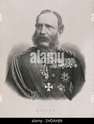 Engraving portrait of Albert of Saxony. 1880 Albert (German: Albrecht; 1828–1902) was the King of Saxony and a member of the House of Wettin. Stock Photo