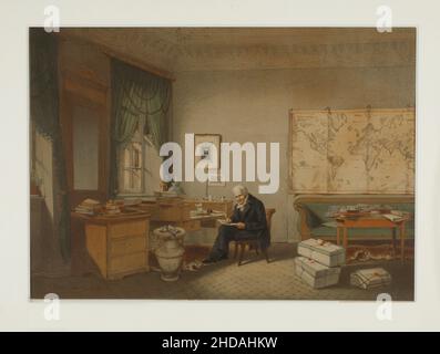 Color lithography of Alexander von Humboldt in his study: a faithful picture of my study when I wrote the second part of the cosmos. 1845 Friedrich Wi Stock Photo
