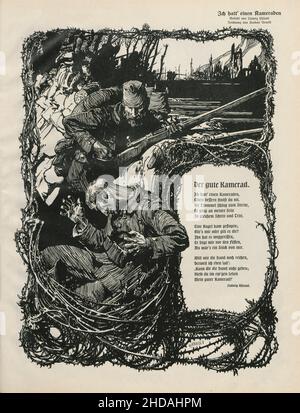 World War I period. Vintage German patriotic propaganda illustration with verse of Ludwig Uhland (1787–1862) 'Der Gute Kamerad' (Good comrade). German Stock Photo