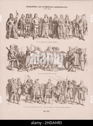 Vintage costume images from different centuries (illustrations of medieval costumes). 1856 Costume from 14-15th centuries from the time of Maximilian Stock Photo