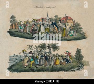 Vintage color lithograph of Rural children's games in the 19th century. 1833 Stock Photo