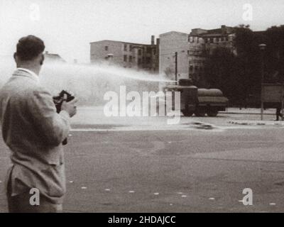 Berlin Crisis of 1961. Serie of archivel photos depicts the August 1961 travel ban between East and West Berlin and shows the building of barricades t Stock Photo