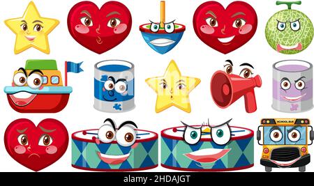 Set of different toy objects with smiley faces illustration Stock Vector