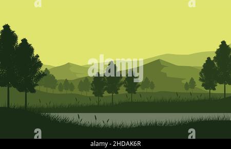 Beautiful mountain view at dusk in the countryside with the silhouettes of trees and lake around it .Vector illustration of a city Stock Vector