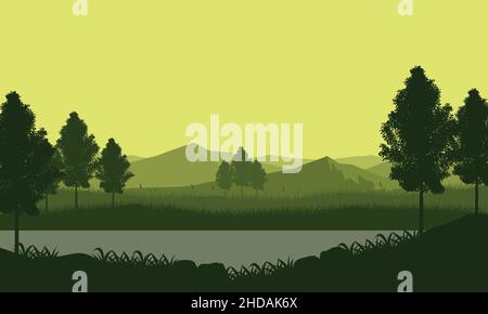 Stunning mountain and river views from outside the city at dusk .Vector illustration of a city Stock Vector