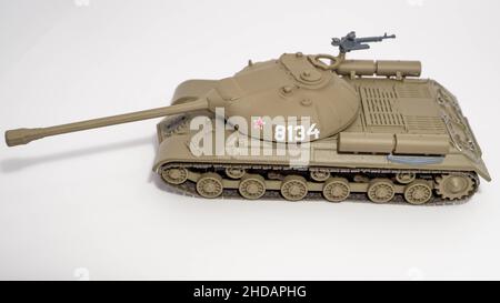 Closeup shot of a miniature Soviet tank IS-3, developed in 1944, isolated on a white background Stock Photo