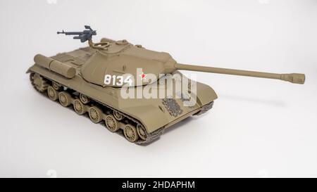 A closeup shot of a miniature Soviet tank IS-3, developed in 1944, isolated on a white background Stock Photo