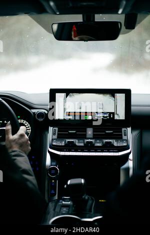 Modern car dashboard. Screen multimedia system. Interior detail. Stock Photo