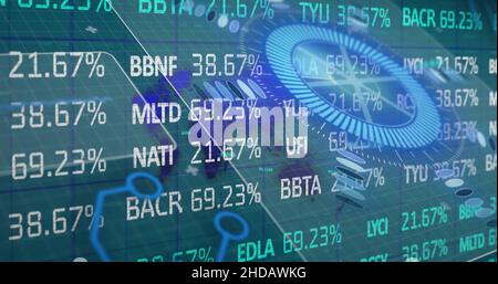 Image of scope scanning and stock market over grid Stock Photo