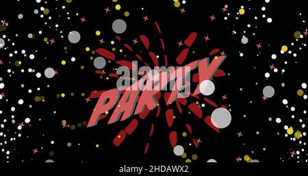 Image of party text in pink on red explosion with white and yellow light spots moving on black Stock Photo