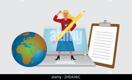 Woman with camera, pencil, golden magnifying glass, laptop, note book and planet Earth globe. Vector illustration. Dimension 16:9. Stock Vector