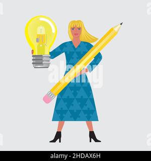 Woman with pencil and lightbulb. Vector illustration. EPS10. Stock Vector