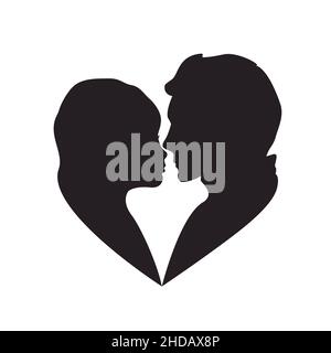 Heart shape silhouette of loving man and woman looking at each other isolated on white background. Black faces profiles in vector. Couple kissing Stock Vector