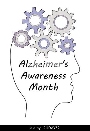 Alzheimer's awareness month concept vector in sketch, doodle style. Medical event in January. Gear mechanism in head. Stock Vector