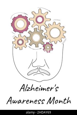 Alzheimer's awareness month concept vector in sketch, doodle style. Medical event in January. Gear mechanism in head. Stock Vector