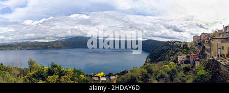 Overview beautiful vulcan lake of Albano and view of Castel Gandolfo village skyline a beautiful suggestive location at regional Romans Castles park Stock Photo