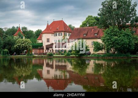 Blutenburg Castle in Munich. View of the castle and the pond in front of it Stock Photo