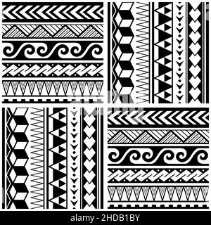 Polynesian tribal seamless vector pattern with geometric shapes - triangles, waves zig-zag, ethnic Hawaiian textile or fabric print in black and whtie Stock Vector