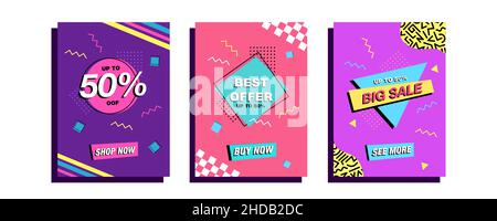 Set of graphics for flyers, poster, banners web | Discount, Sale, Black Friday, Clearance vector templates in 90's retro nostalgia style Stock Vector
