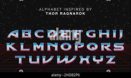 Epic Movie Retro galaxy font, vector alphabet 80s letters with a metallic effect, retro futurism arcade game typeface Stock Vector