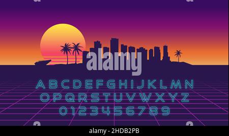 Futuristic retrowave font. Striped gradient metallic letters and numbers on space background. Sci-fi alphabet in retro 80's style. Synth Wave ABC. Stock Vector