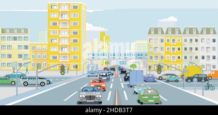 Big city with road traffic and public transport, illustration Stock Vector