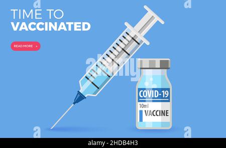 Covid-19 Coronavirus Vaccine and Syringe isolated on blue Stock Vector