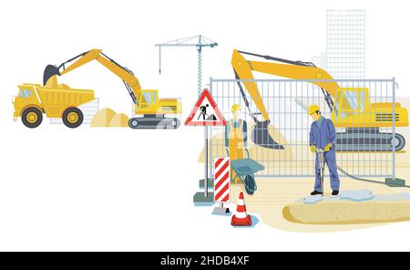 Construction site with construction workers and excavators, illustration Stock Vector