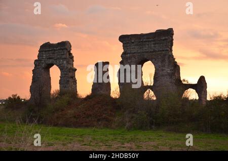 Photos taken at sunset while on a stroll through the beautiful Aqueducts Park in Rome, with the majestic ruins of ancient Roman aqueducts and trees Stock Photo