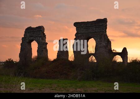 Photos taken at sunset while on a stroll through the beautiful Aqueducts Park in Rome, with the majestic ruins of ancient Roman aqueducts and trees Stock Photo