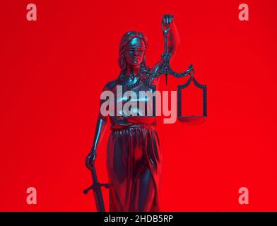 Law Silver Lady Justice Statue Vintage Woman Sculpture Red Blue 3d illustration render Stock Photo