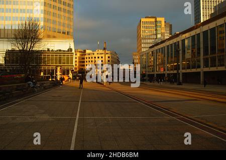 Winter evening atmosphere on Willy-Brandt-Platz in Frankfurt, Germany. Stock Photo