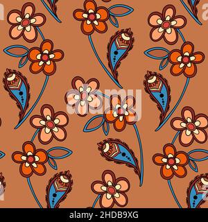 Illustration raster seamless paisley pattern with patterns on a orange background. High quality illustration Stock Photo