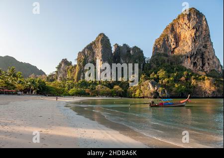 Dawn at Railay Beach West, one of the most famous beaches in Thailand. Located on Railay Beach or Rai Leh peninsula it is only accessible by boat. Stock Photo