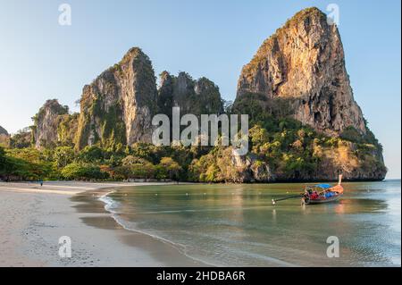 Dawn at Railay Beach West, one of the most famous beaches in Thailand. Located on Railay Beach or Rai Leh peninsula it is only accessible by boat. Stock Photo