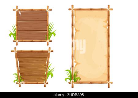 Set Frames from bamboo sticks, wooden planks, parchment paper decorated with rope, grass and liana in comic cartoon style isolated on white background. Border, jungle panel. Game asset, menu. Vector illustration Stock Vector