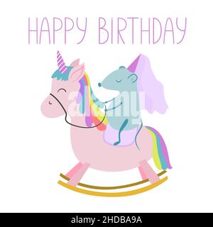 Happy birthday postcard. Greeting card for a girl with a unicorn, a fairy mouse and an inscription. Postcard template in cartoon style Stock Vector