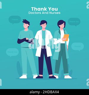 Thank you doctors and nurses. Thank you brave healthcare workers. Doctor is a hero. Medical personnel team for fighting the coronavirus. Stock Vector