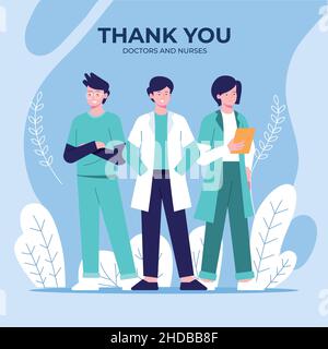 Thank you doctors and nurses. Thank you brave healthcare workers. Doctor is a hero. Medical personnel team for fighting the coronavirus. Stock Vector