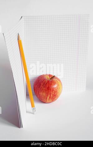 Pencil, apple and opened school notebook on white background with copy space. Empty place for text Stock Photo