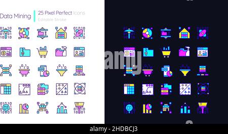 Data mining light and dark theme RGB color pixel perfect icons set Stock Vector