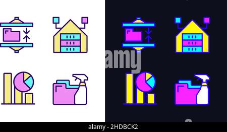 Data mining processes light and dark theme RGB color pixel perfect icons set Stock Vector