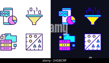Data mining tools light and dark theme RGB color pixel perfect icons set Stock Vector